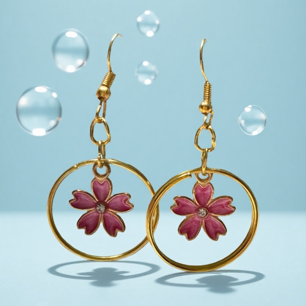 Handcrafted Gold and Pink Floral Earrings